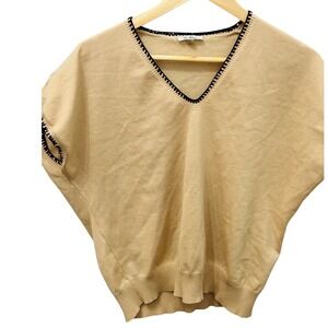 Vila Milani Tan Beige V-Neck Sweater Vest Dolman Sleeve Black Whipstitch Large